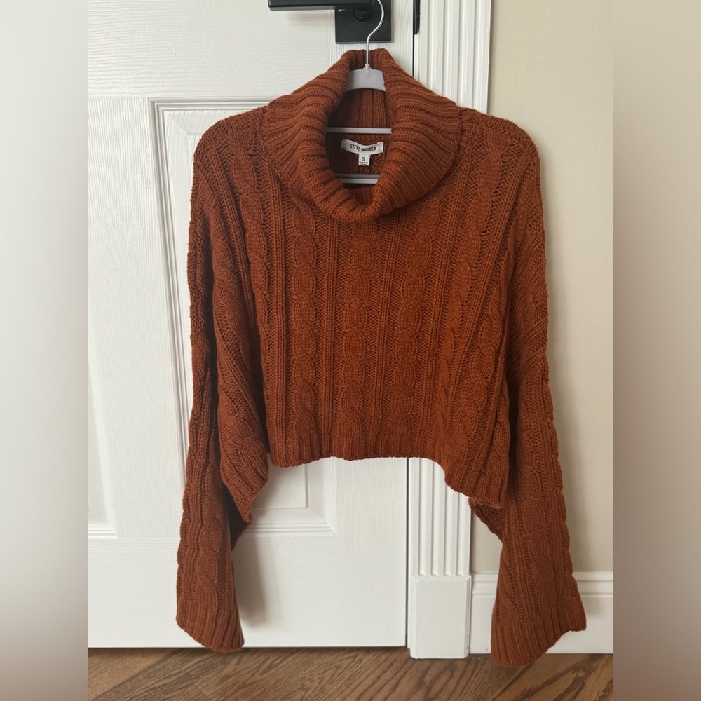 Steve Madden S Cropped Cable Cape Sweater Rust Brown NWT